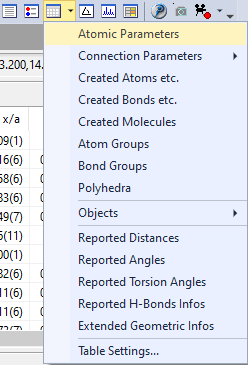 Screenshot of main toolbar with dropdown menu for tables
