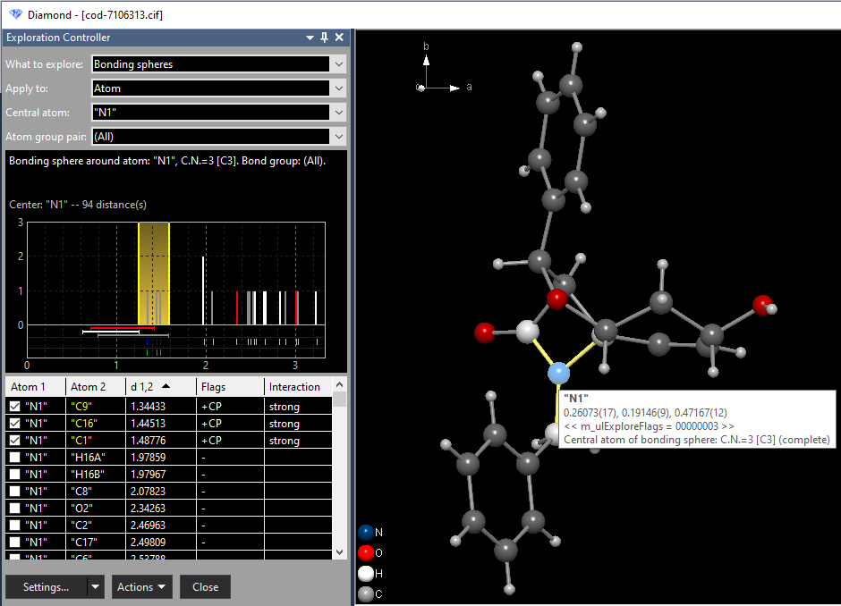 Screenshot of exploration of bonding spheres around atom N1