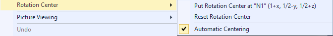 Context menu of graphics view with Rotation Center sub-menu open