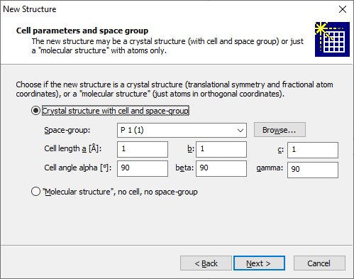 Screenshot of New Structure Assistant, Cell parameters and space group page