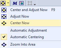 Popup menu opened from Center and Adjust toolbar button with Center Now command highlighted