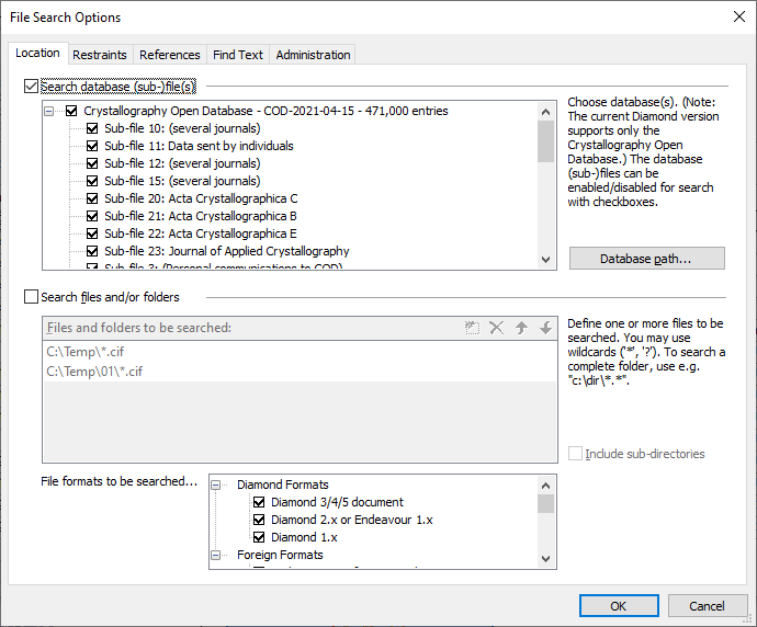 Screenshot of (database and file) Location page of File Search Options dialog