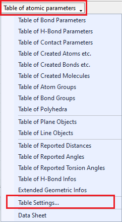 Dropdown menu from table of atomic parameters