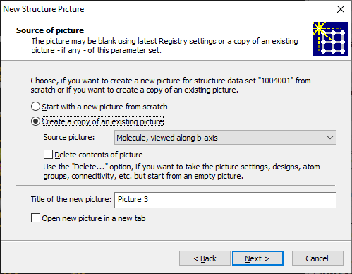 Screenshot of New Structure Picture assistant with choice to start a new or a copy of an existing picture