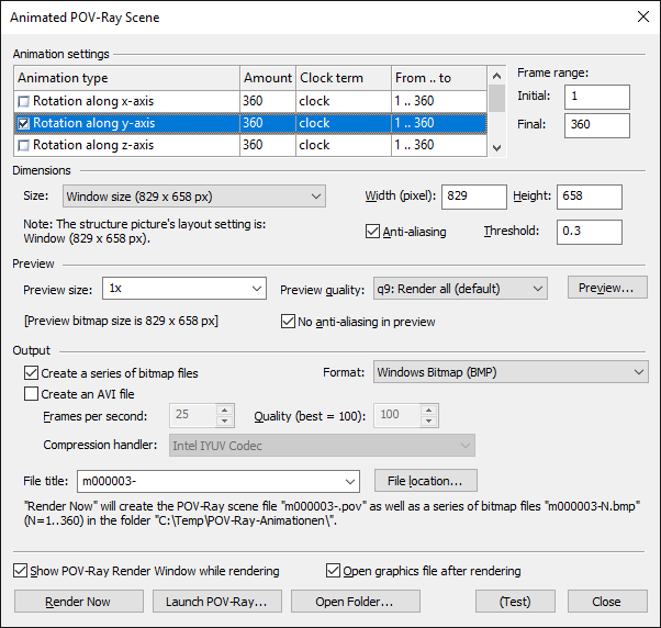 Screenshot of Animated POV-Ray Scene dialog