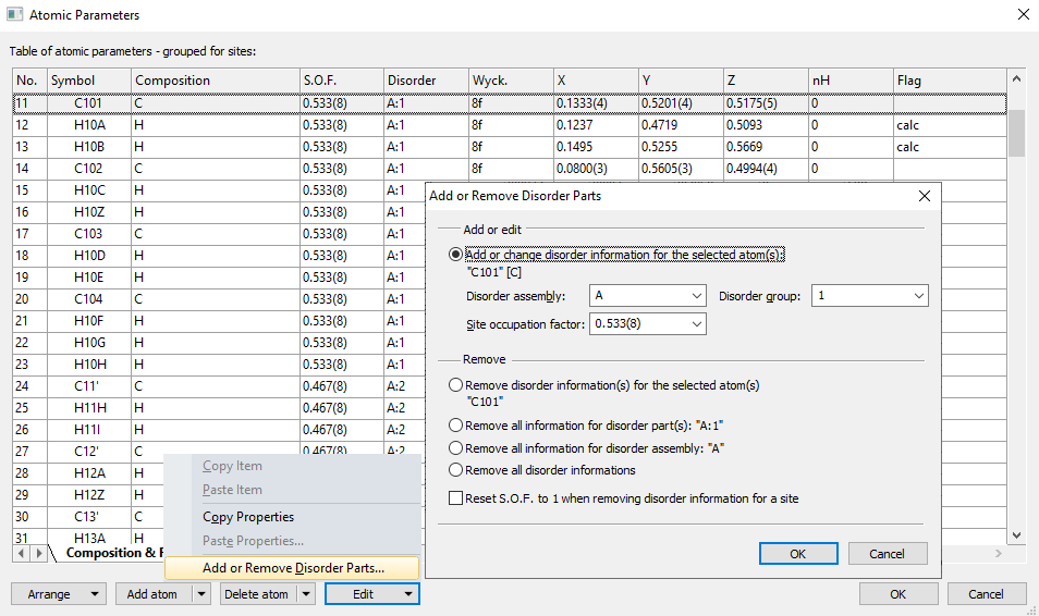 Atomic Parameters dialog with Add or Remove Disorder Parts dialog opened