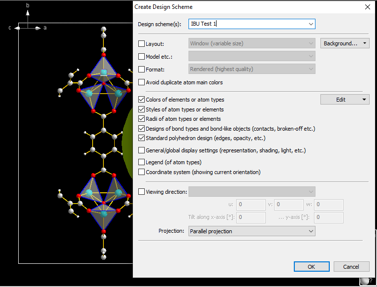 MOF-5 compound COD:1516287 with one Zr polyhedron central atom selected and Create Design Scheme dialog open
